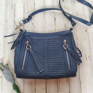 NWOT B. Makowsky blue leather cross body handbag